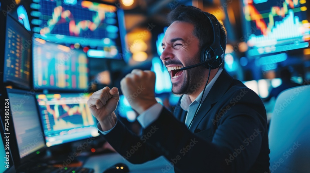stock trader celebrates a victory by pumping his fists in front of several computer screens displaying financial charts. stock trader celebrates a victory by pumping his fists in front of several computer screens displaying financial charts.