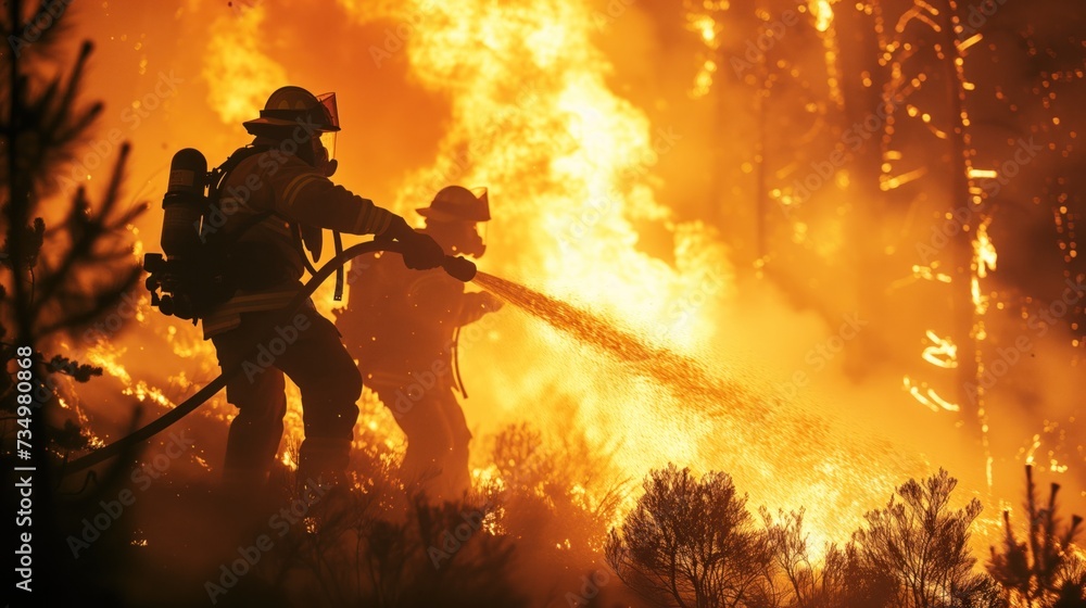 two firefighters in full gear, directing a powerful jet of water at a raging forest fire, against a background of heavy flames and smoke. two firefighters in full gear, directing a powerful jet of water at a raging forest fire, against a background of heavy flames and smoke.