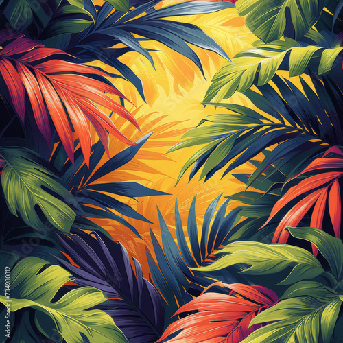 Leaves tropical rainforest, as frameless background, ai generated