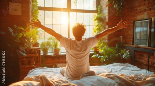man stretches with arms spread wide in front of a sunlit window after waking up in the morning.