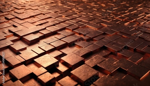 3d squared geometric pattern copper slab background, view from above