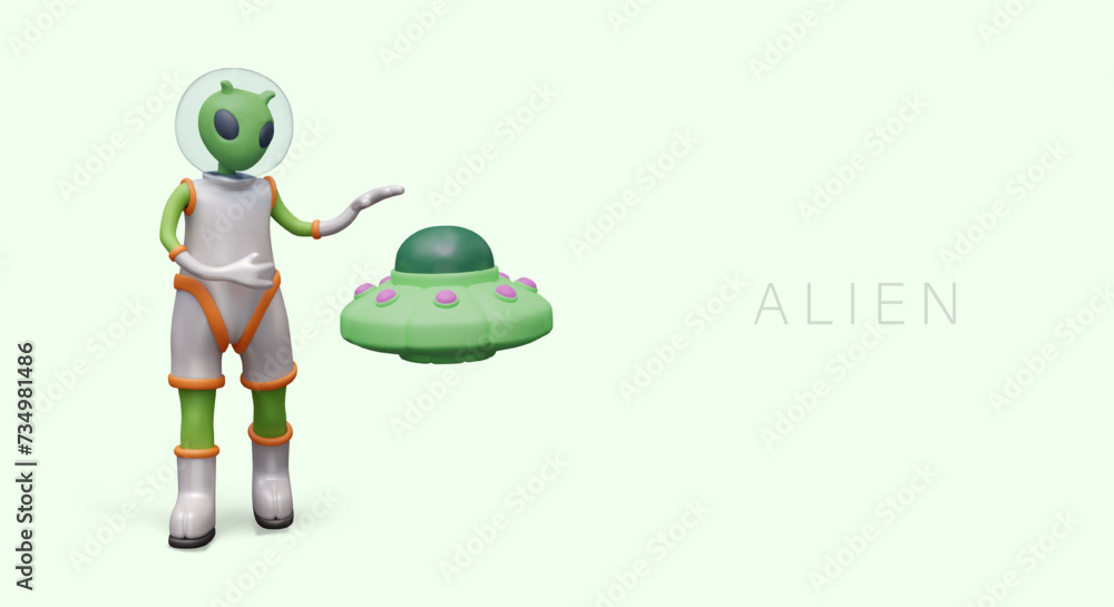Alien and flying saucer. 3D green humanoid and UFO. Space travel concept Alien and flying saucer. 3D green humanoid and UFO. Space travel concept