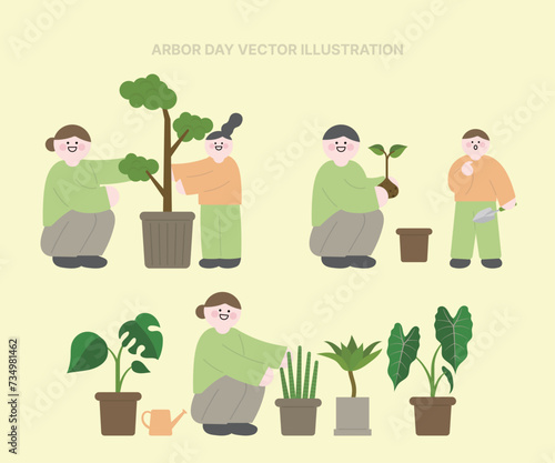 Vector Family characters planting plants in pots, Arbor Day illustration photo