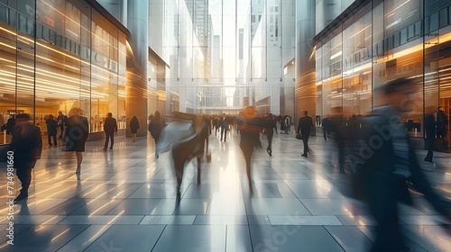 Long exposure shot of crowd of business people walking in bright office lobby fast moving with blurry, Generative AI