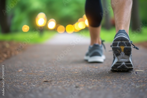 runners sneakers at start of jogging path, unfocused park fixtures beyond