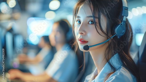 Asian young woman call center operator wearing headphones with a microphone