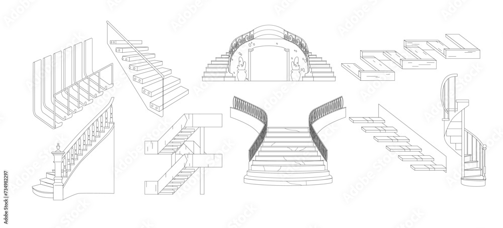 House Stairs Monochrome Outline Icons Set. Wooden, Stone, Marble with Glass Staircase. Vintage Spiral Stairway - obrazy, fototapety, plakaty 