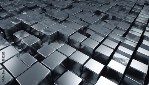 3D cubes and squares geometric pattern shiny chrome plates floor © Lied
