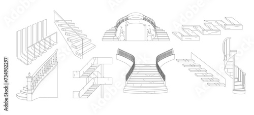 House Stairs Monochrome Outline Icons Set. Wooden, Stone, Marble with Glass Staircase. Vintage Spiral Stairway