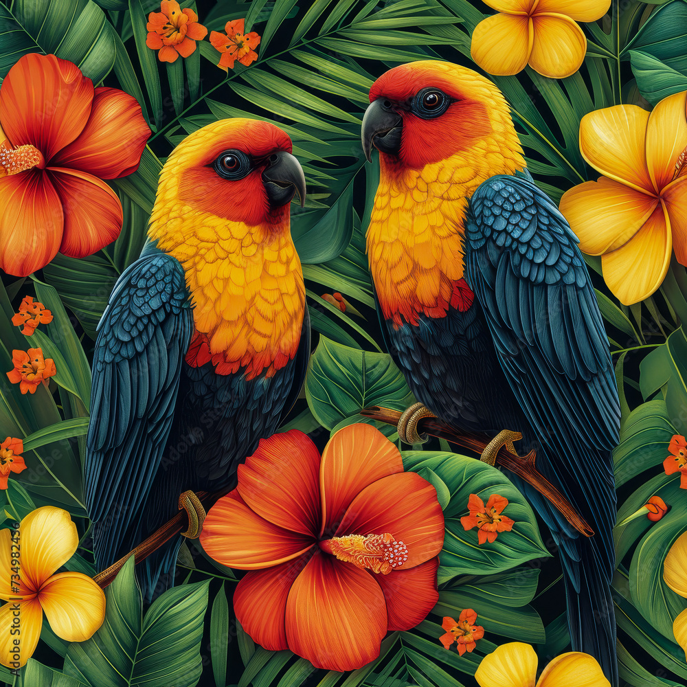 Fototapeta premium Tropical rainforest parrot as background, ai generated