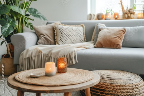 Modern boho interior of living room in cozy apartment. Simple cozy living room interior with light gray sofa, decorative pillows, wooden table with candles and natural decorations © LivroomStudio