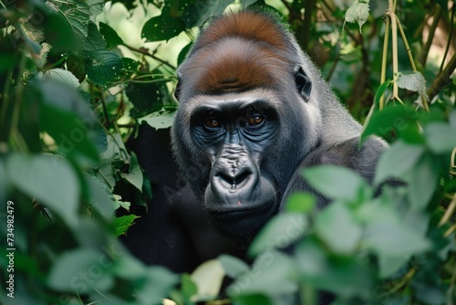 gorilla looking curious, dense jungle foliage © primopiano