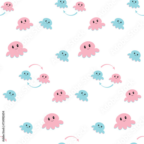 Web Pattern with cute baby octopus Kawaii. The pattern elements are turned torn. One pink octopus and one blue octopus.