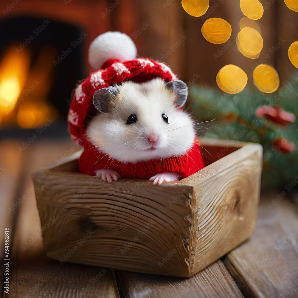 Obraz premium 毛糸の防寒着を着た白いハムスターの赤ちゃん