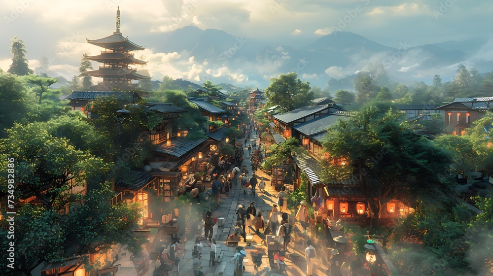 Obraz premium The lively streets and people of Japan Generative Al 