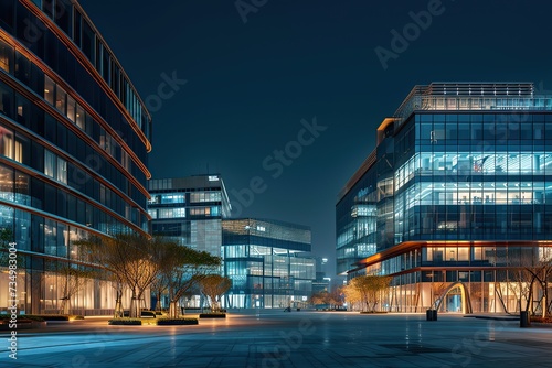 modern office buildings in hangzhou west lake square at night on view from empty street. Creative Banner. Copyspace image © LivroomStudio