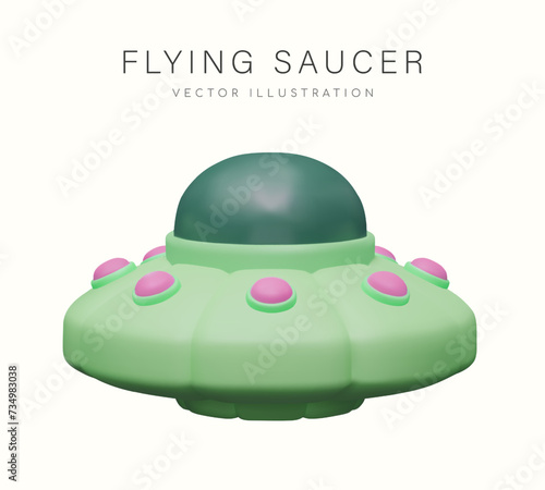 Green flying saucer on white background. Isolated alien spaceship