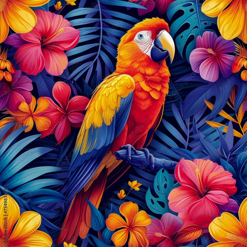 Fototapeta premium Tropical rainforest parrot as background, ai generated