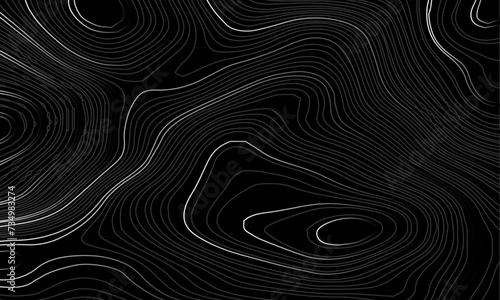 Wave topographic contour map  topographic wavy map white line on black background. Abstract geographic wave grid line map. Geographic mountain relief background.