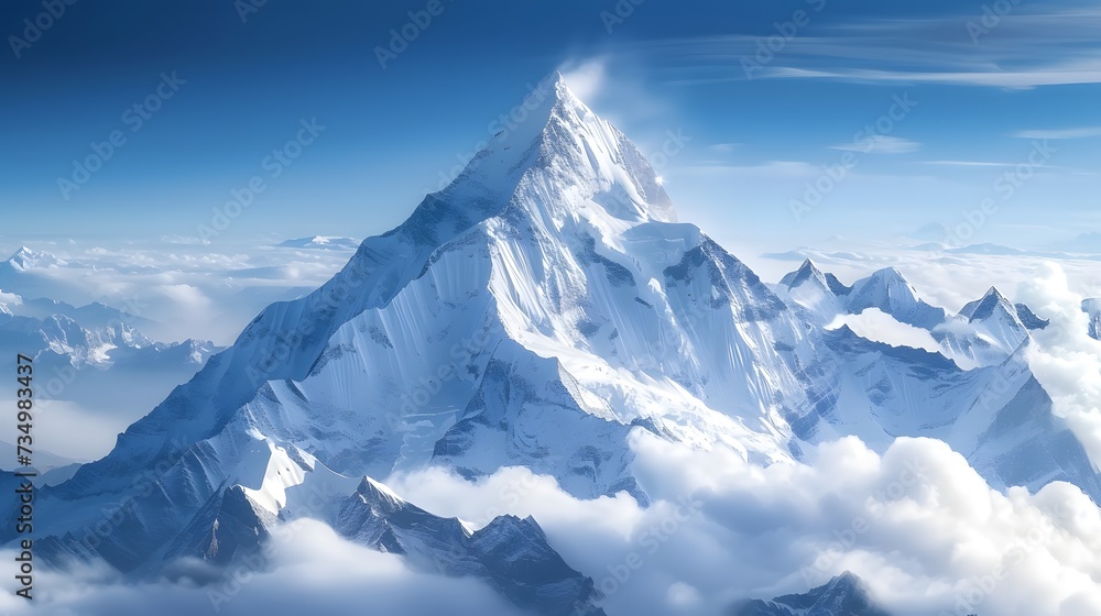 majestic snowy mountain peak towering above the clouds, its pristine white slopes contrasting against the deep blue sky