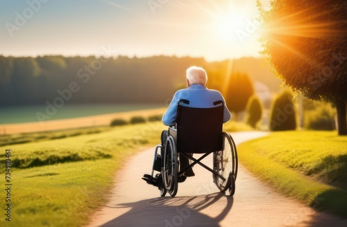 Old man in a wheelchair in a retirement area at sunset