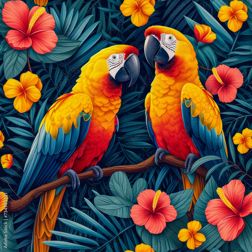 Fototapeta premium Tropical rainforest parrot as background, ai generated