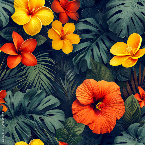 Tropical rainforest leaves and flowers as background, ai generated