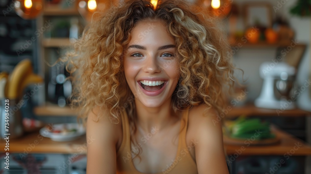 Radiant Young Woman with Curly Hair Laughing Joyfully. Radiant Young Woman with Curly Hair Laughing Joyfully.