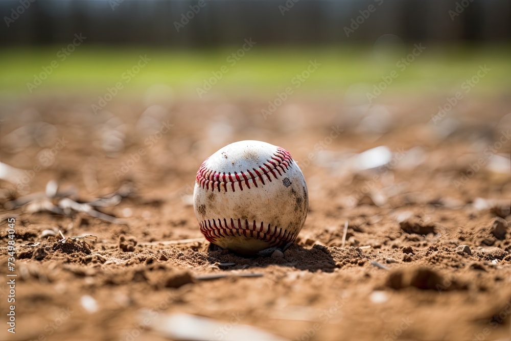 a baseball ball sitting on a lawn in a field