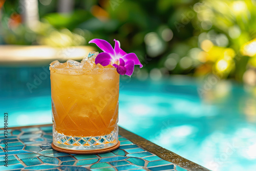 Mai Taio cocktail by the pool, copy space photo