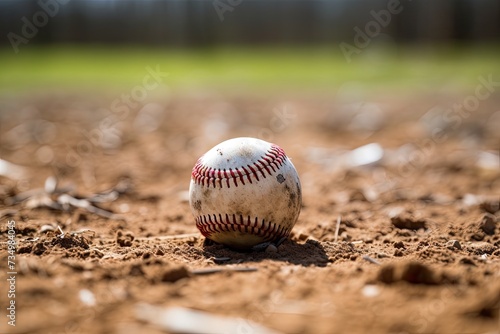a baseball ball sitting on a lawn in a field
