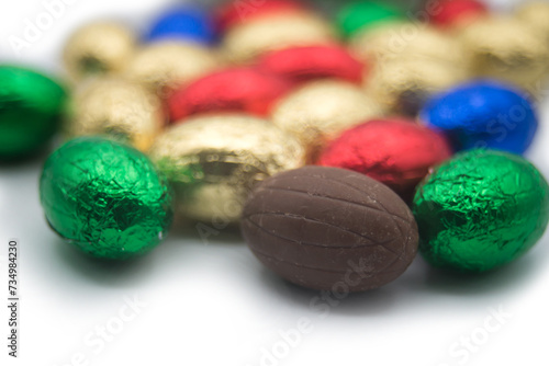 closeup of chocolate easter eggs on white background