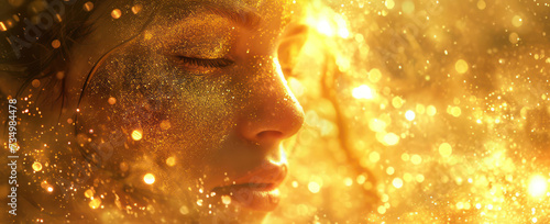 Golden Glamour: Shining Beauty and Perfect Sparkles on a Young Woman's Face in a Bright Close-Up Portrait