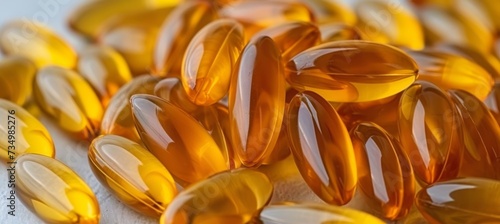 Macro view of vitamin d, e, yellow fish oil, omega 3 6 9 capsules on white background.