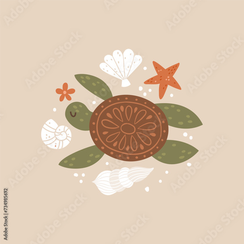 vector turtle swimming among shells
