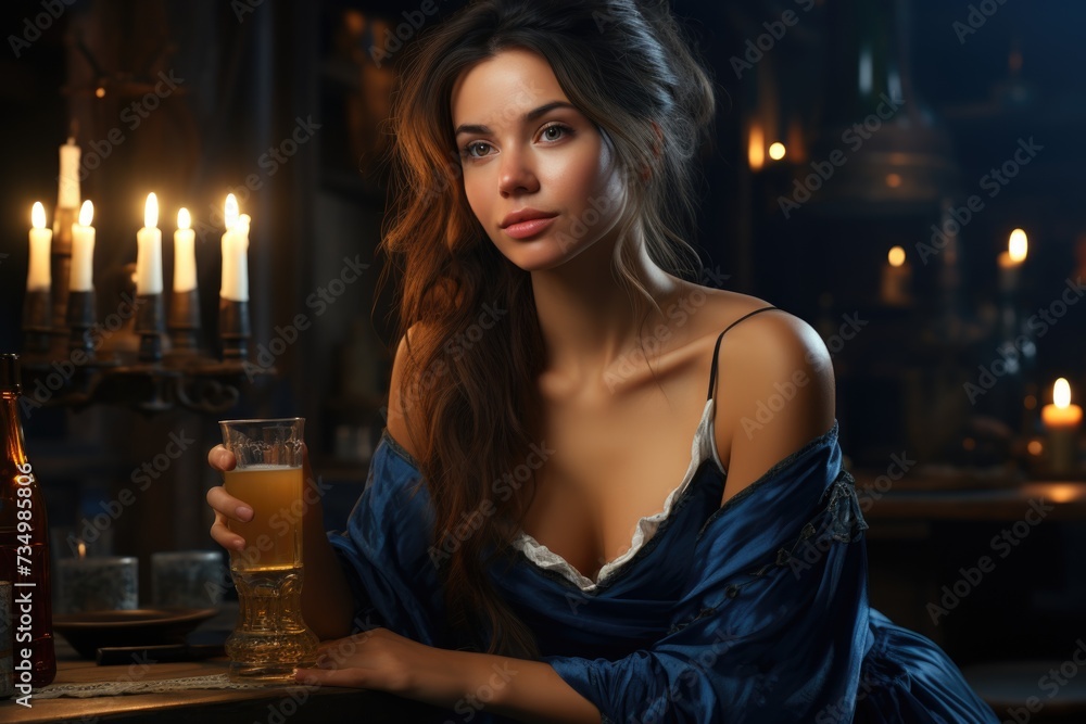 Pretty lady. In the enchanting ambiance of a tavern, a beautiful girl captivates with her charm, adding allure to the conviviality of this social gathering. Pretty lady. In the enchanting ambiance of a tavern, a beautiful girl captivates with her charm, adding allure to the conviviality of this social gathering.