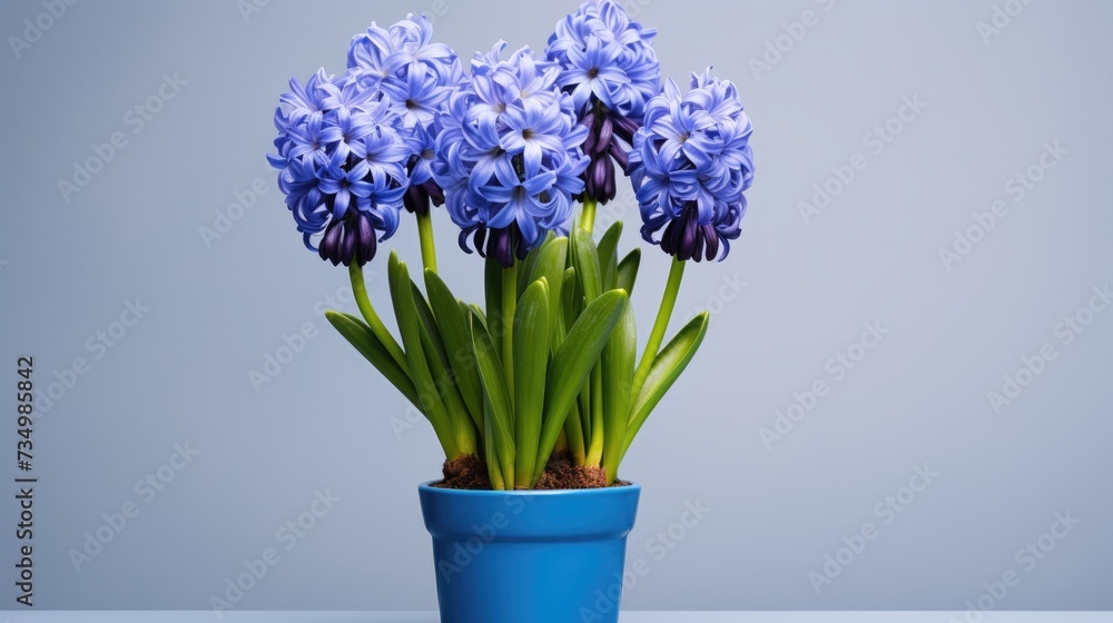 Blue hyacinth flowers grow in a pot. A delicate, beautiful spring flower. A fragrant, lush flower. The concept of spring, Women's Day. Blue hyacinth flowers grow in a pot. A delicate, beautiful spring flower. A fragrant, lush flower. The concept of spring, Women's Day.