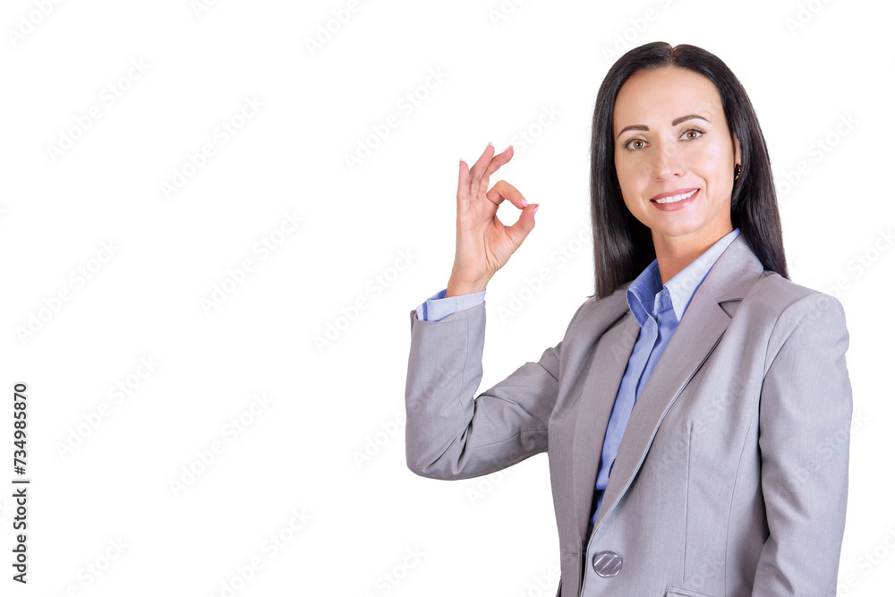 Portrait of a smiling, young attractive business woman in a business suit, with a hand gesture OK. Business lady Portrait of a smiling, young attractive business woman in a business suit, with a hand gesture OK. Business lady