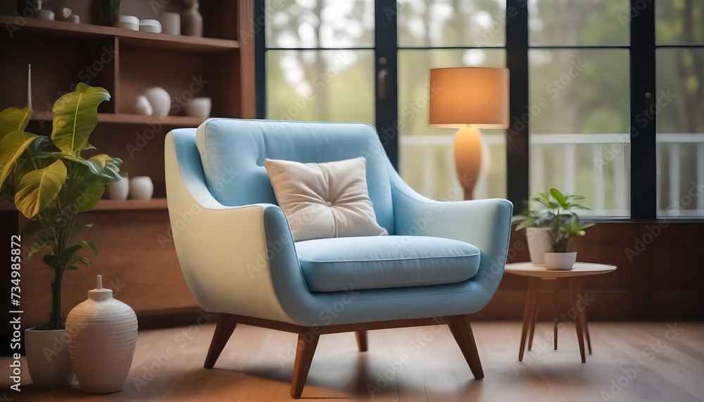 A light blue mid-century modern style armchair with a single beige cushion, next to a white vase and a potted green plant, in a cozy room with wooden flooring and large windows