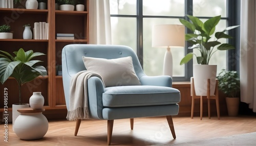 A light blue mid-century modern style armchair with a single beige cushion, next to a white vase and a potted green plant, in a cozy room with wooden flooring and large windows © JazzRock