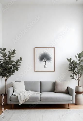 A minimalist living room with a light gray sofa  a gray throw blanket  a small wooden side table with a vase and branches  a round metal magazine holder  a framed wall art of a line drawing