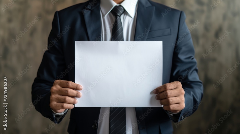 Man displaying large white paper mockup on soft pastel background for text or graphics. Man displaying large white paper mockup on soft pastel background for text or graphics.