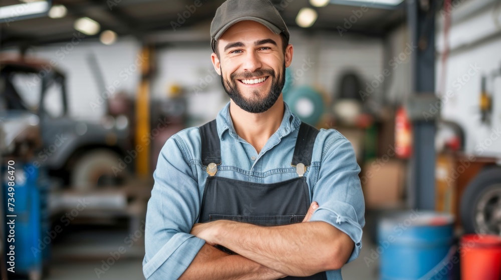Skilled and confident male auto mechanic working on a vehicle in a professional car service center Skilled and confident male auto mechanic working on a vehicle in a professional car service center