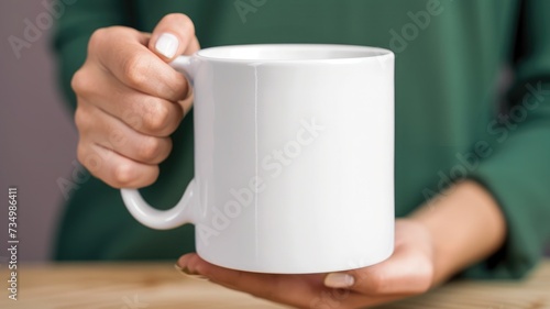 a female hand holding white mug