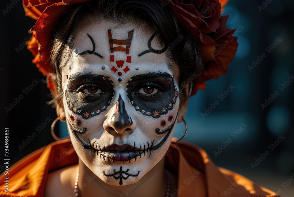 Close-up portrait of a young woman with a skeleton pattern on her face at night on a blurred background, bokeh. Halloween celebration. El Día de Muertos. 
