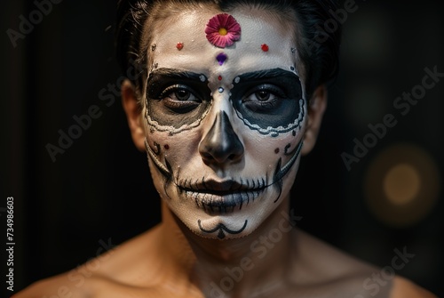 Close-up of a man with a skeleton mask painted on his face on a black background. Halloween. A symbol of death, fear, horror, nightmares. El Día de Muertos