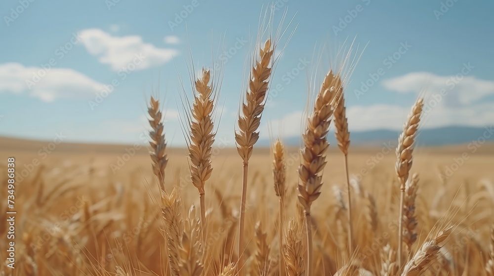 Fototapeta premium Sunlit golden wheat plantation abstract background in vibrant summer day landscape