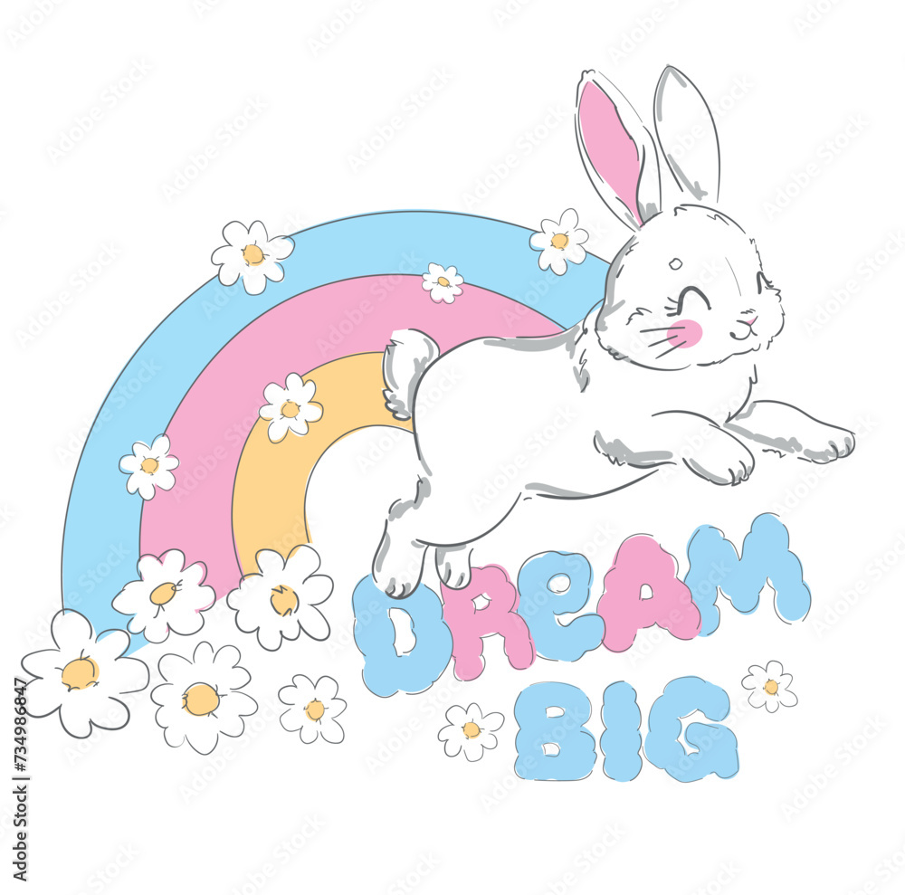 Hand Drawn Cute Bunny and rainbow, print design rabbit, children print on tshirt Hand Drawn Cute Bunny and rainbow, print design rabbit, children print on tshirt