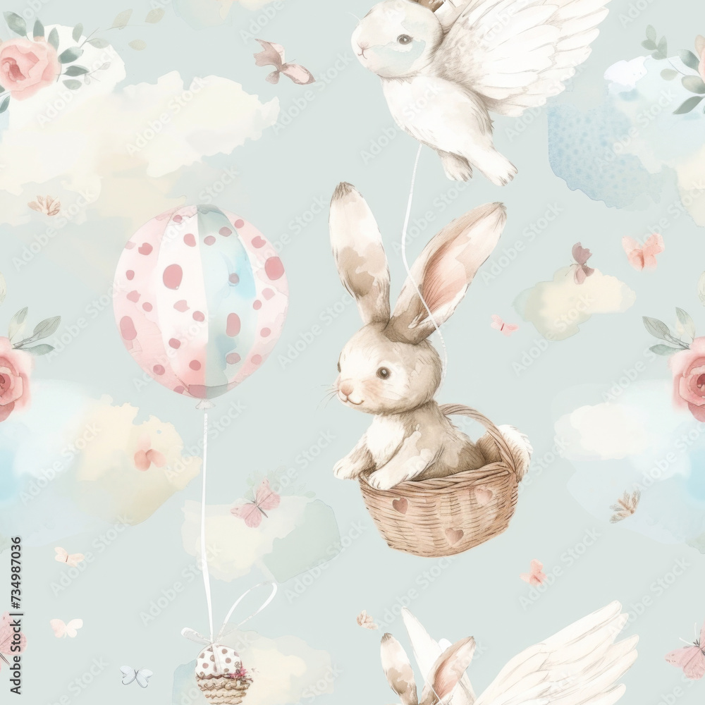 Seamless pattern. Happy Easter postcard. Whimsical illustration of a cute bunny with angel wings sitting in a serene spring garden. Cute children decor.
