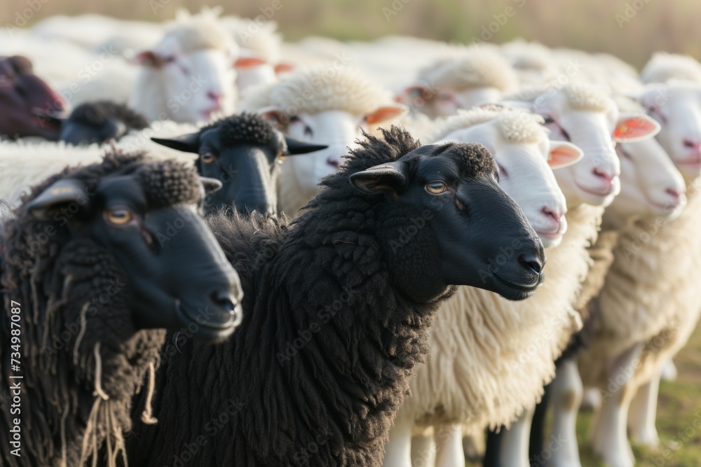 black sheep standing out in a lineup of white sheep side by side Stock ...